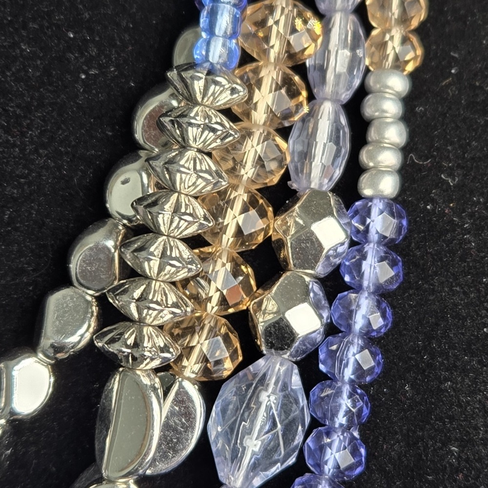 Layered Blue Silver-tone Clear Pale Peach Beaded Chunky Boho Adjustable Necklace - Picture 5 of 12